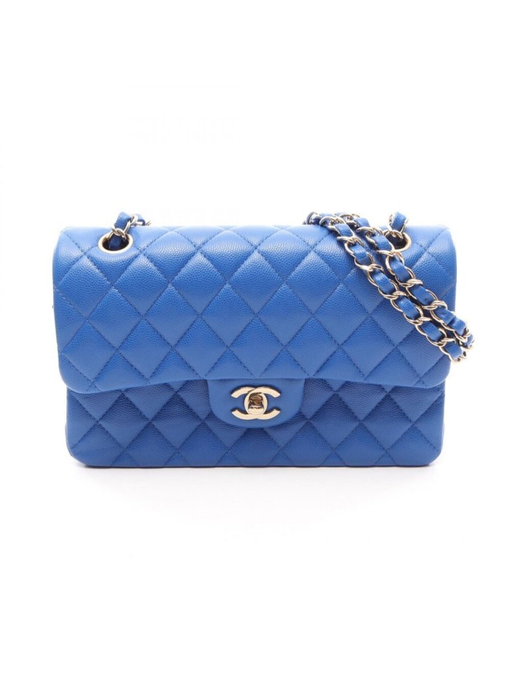 Chanel Shoulder Bag Quilted Double Flap Blue Caviar Leather Chain